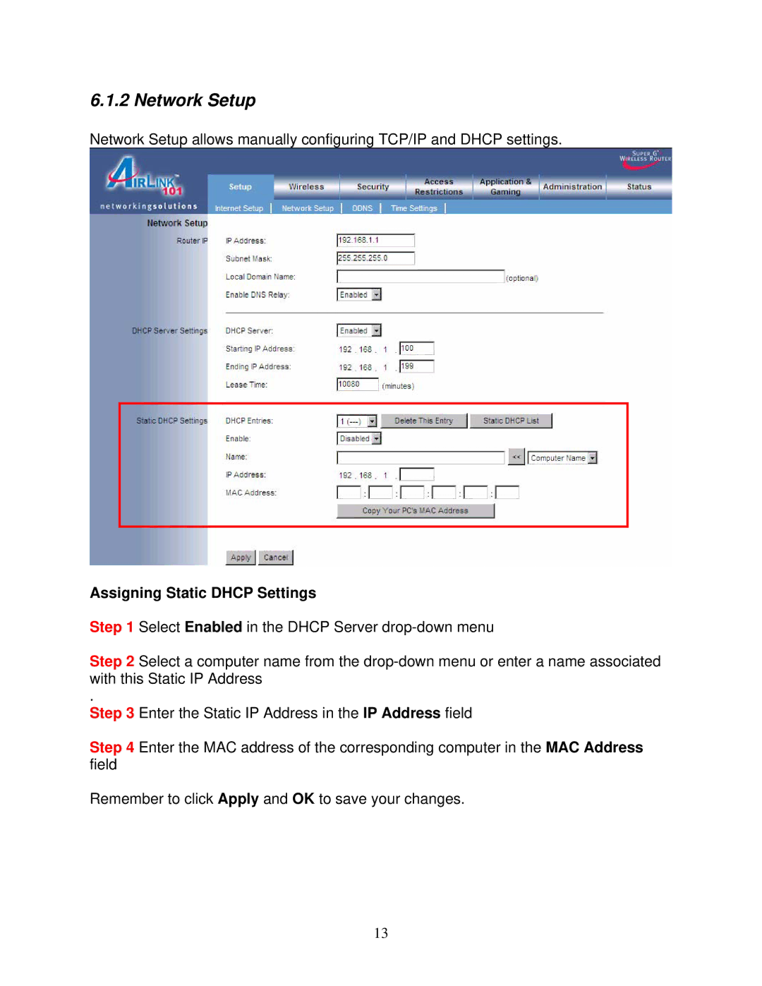 Airlink101 AR430W user manual Network Setup, Assigning Static Dhcp Settings 