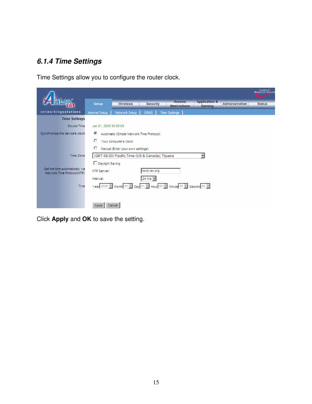 Airlink101 AR430W user manual Time Settings 