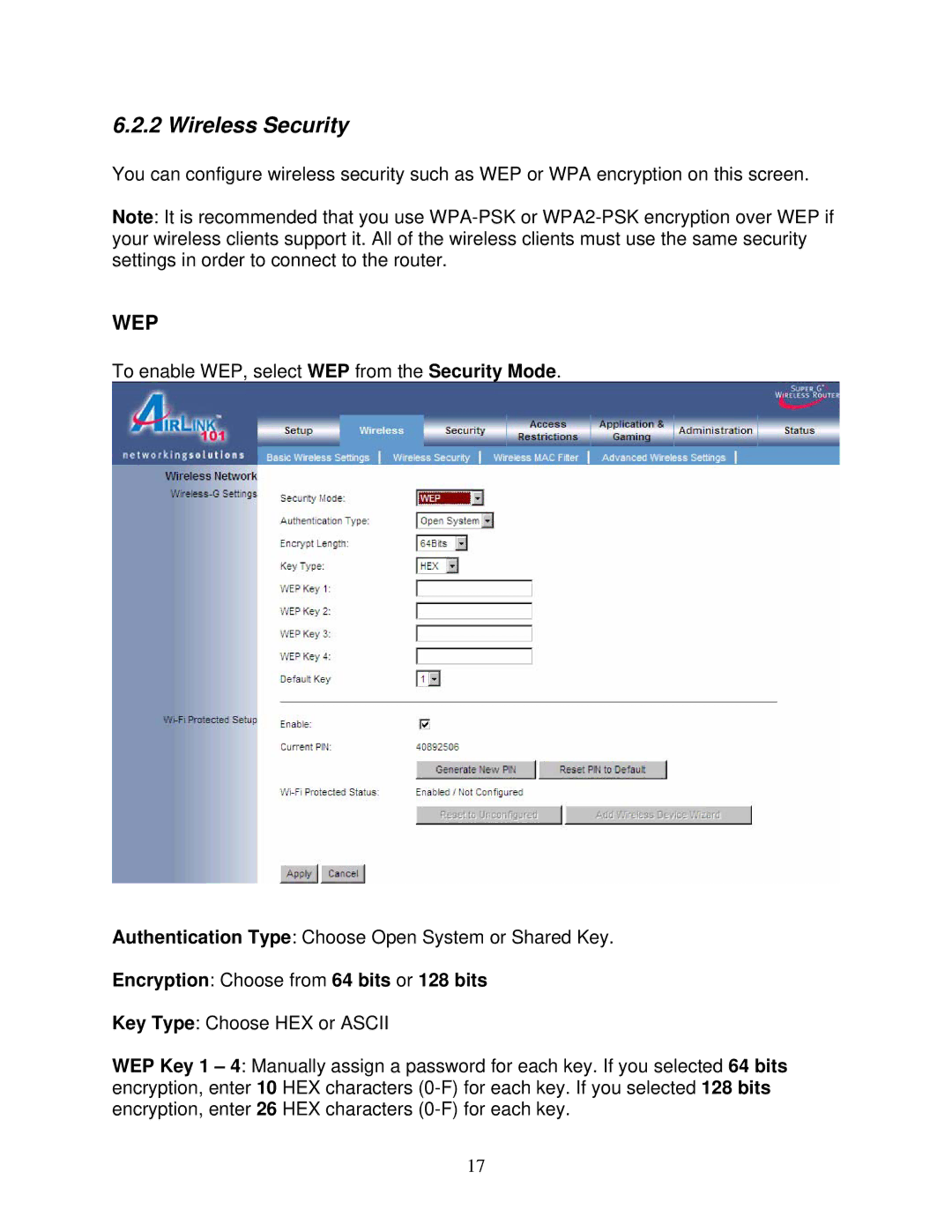 Airlink101 AR430W user manual Wireless Security, Encryption Choose from 64 bits or 128 bits 