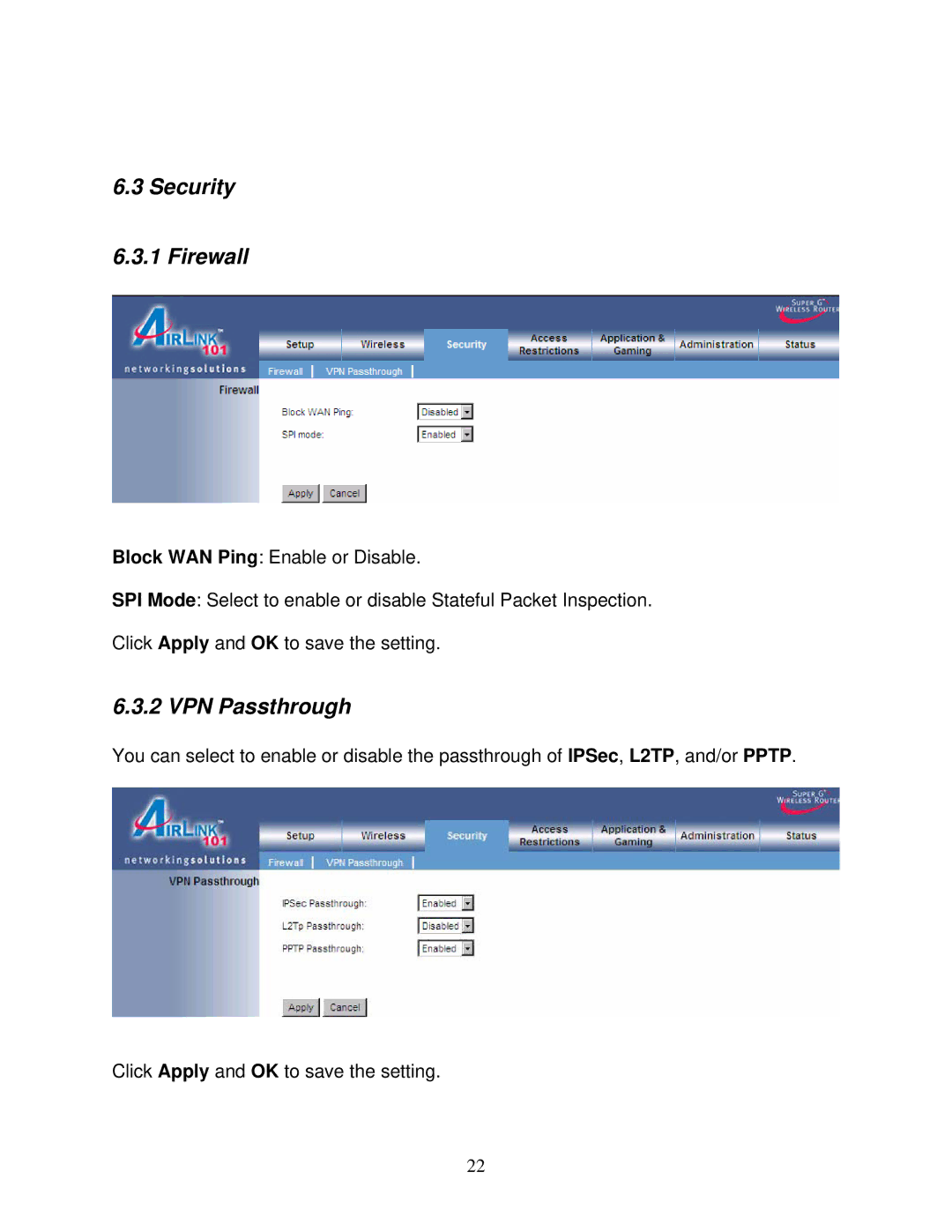 Airlink101 AR430W user manual Security Firewall, VPN Passthrough 