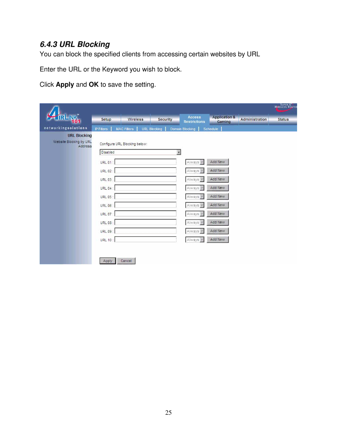 Airlink101 AR430W user manual URL Blocking 