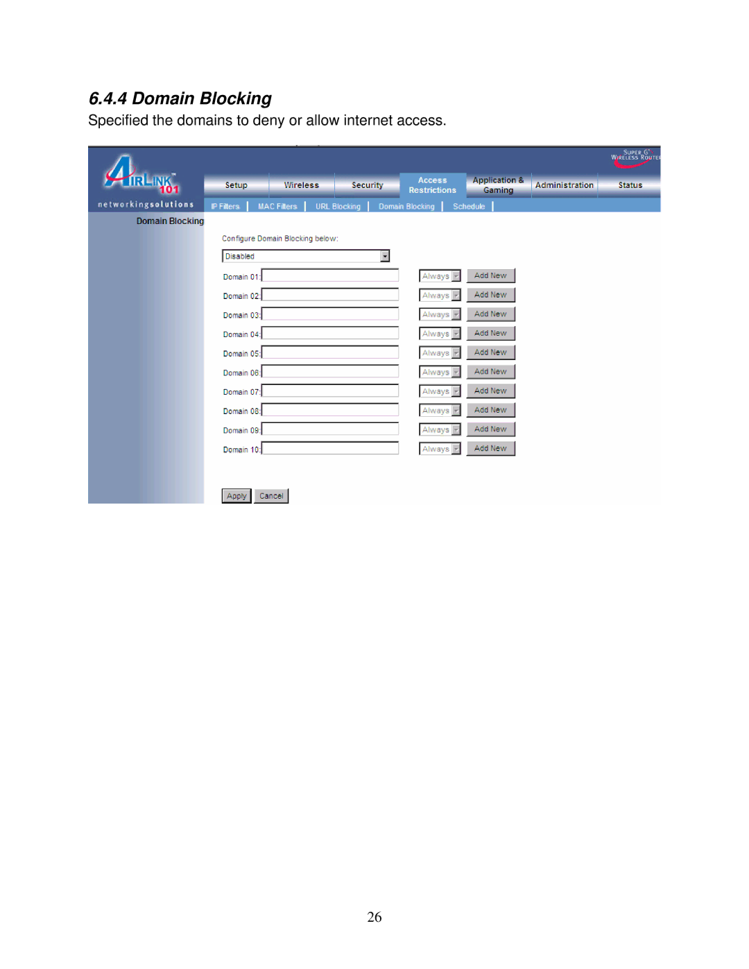 Airlink101 AR430W user manual Domain Blocking 