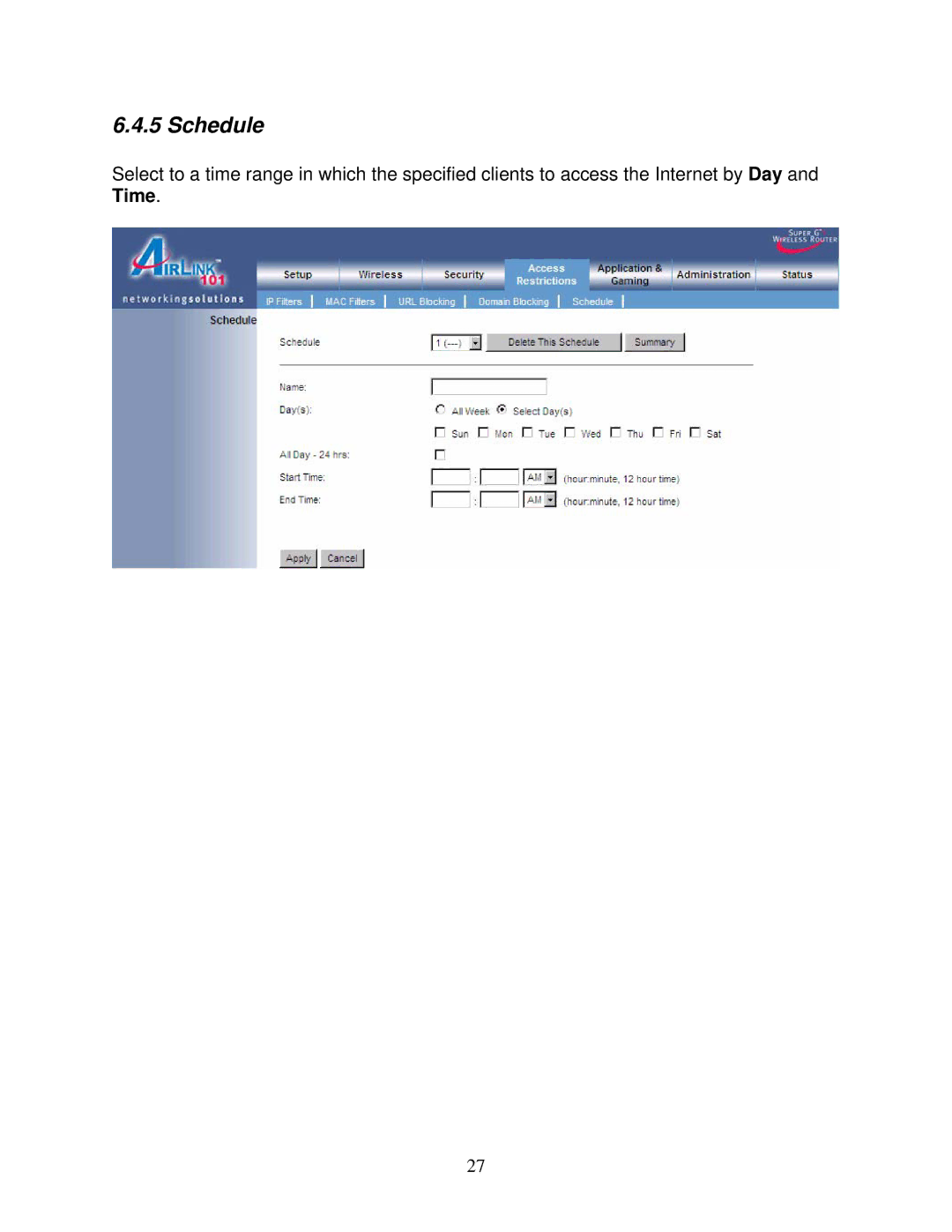 Airlink101 AR430W user manual Schedule, Time 