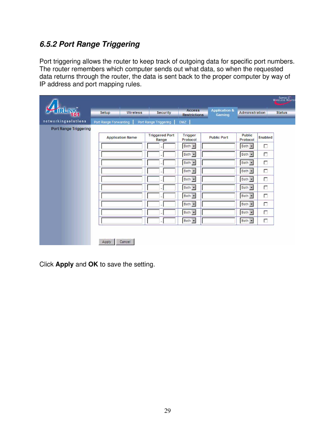 Airlink101 AR430W user manual Port Range Triggering 