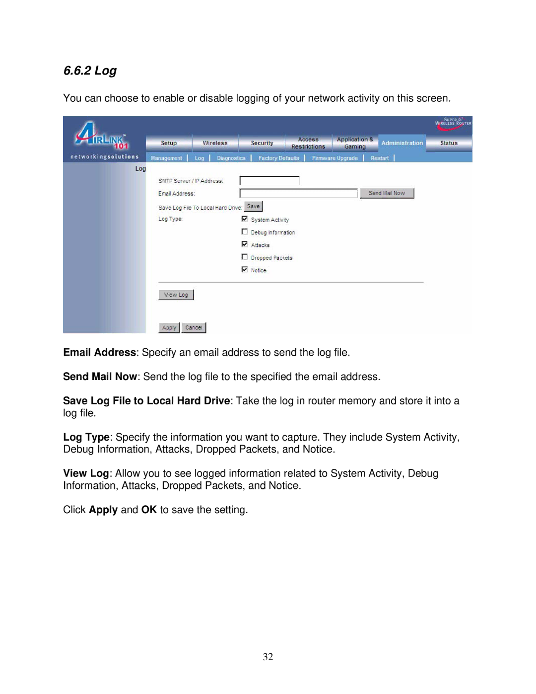 Airlink101 AR430W user manual 2 Log 