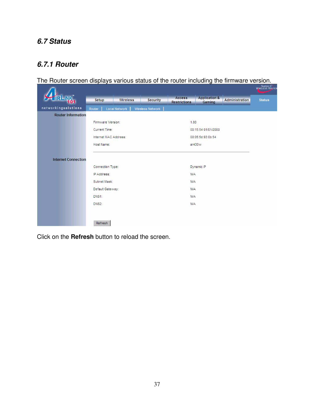 Airlink101 AR430W user manual Status Router 