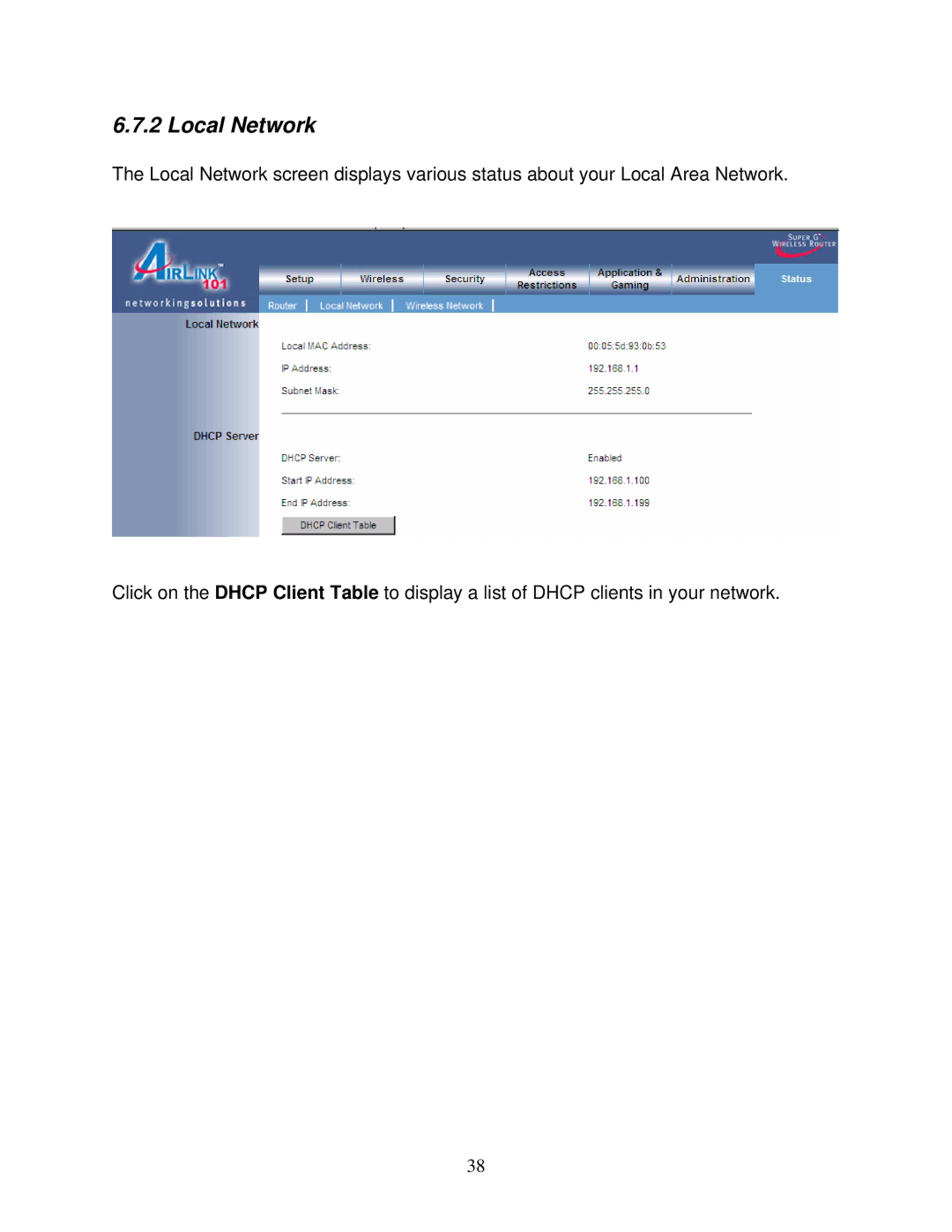 Airlink101 AR430W user manual Local Network 