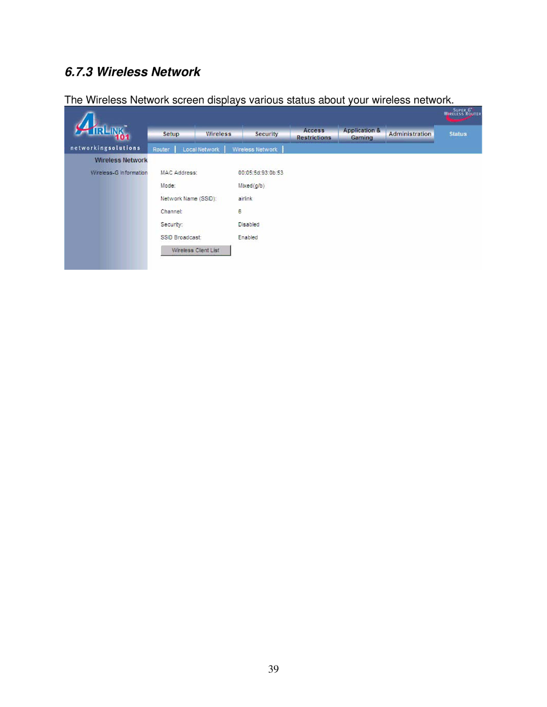 Airlink101 AR430W user manual Wireless Network 