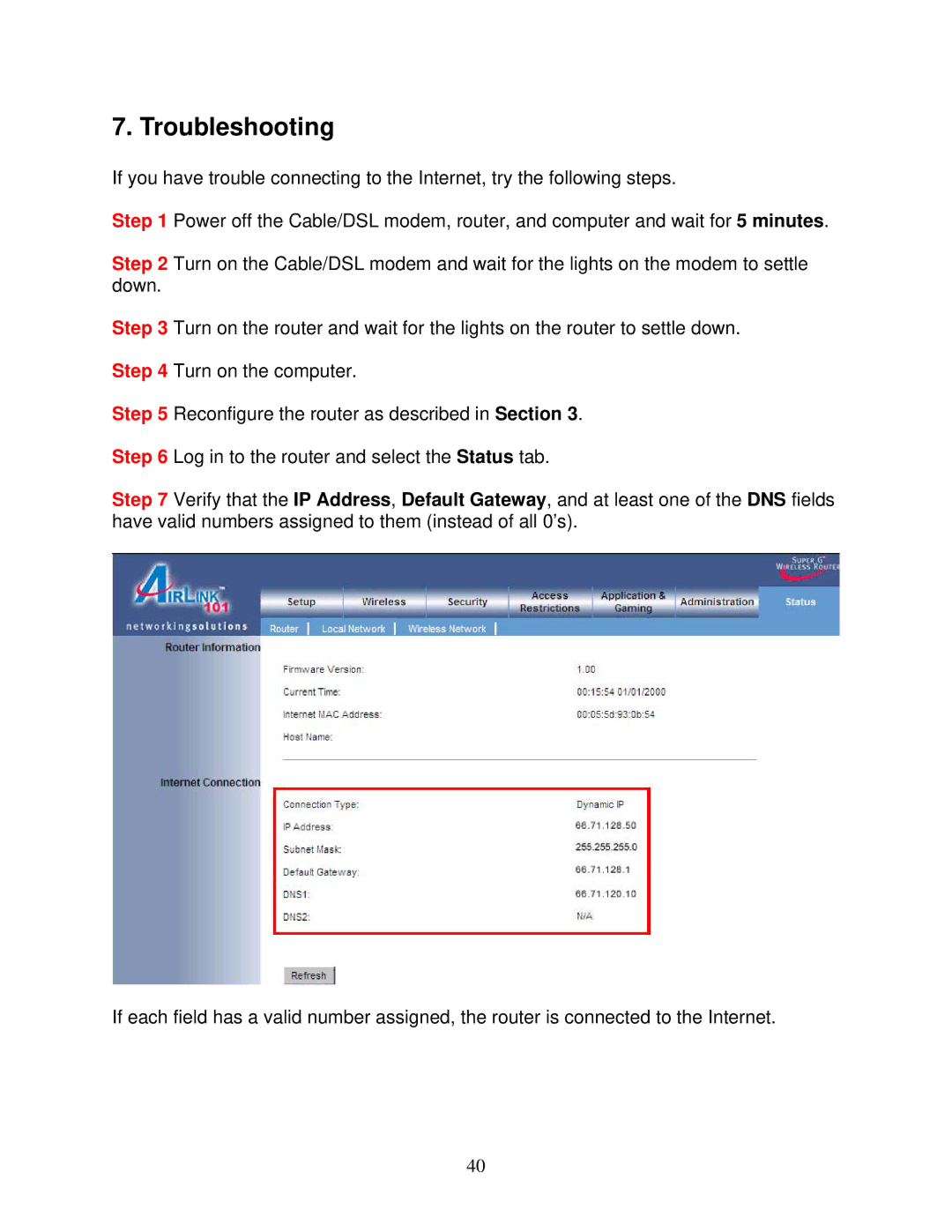 Airlink101 AR430W user manual Troubleshooting 