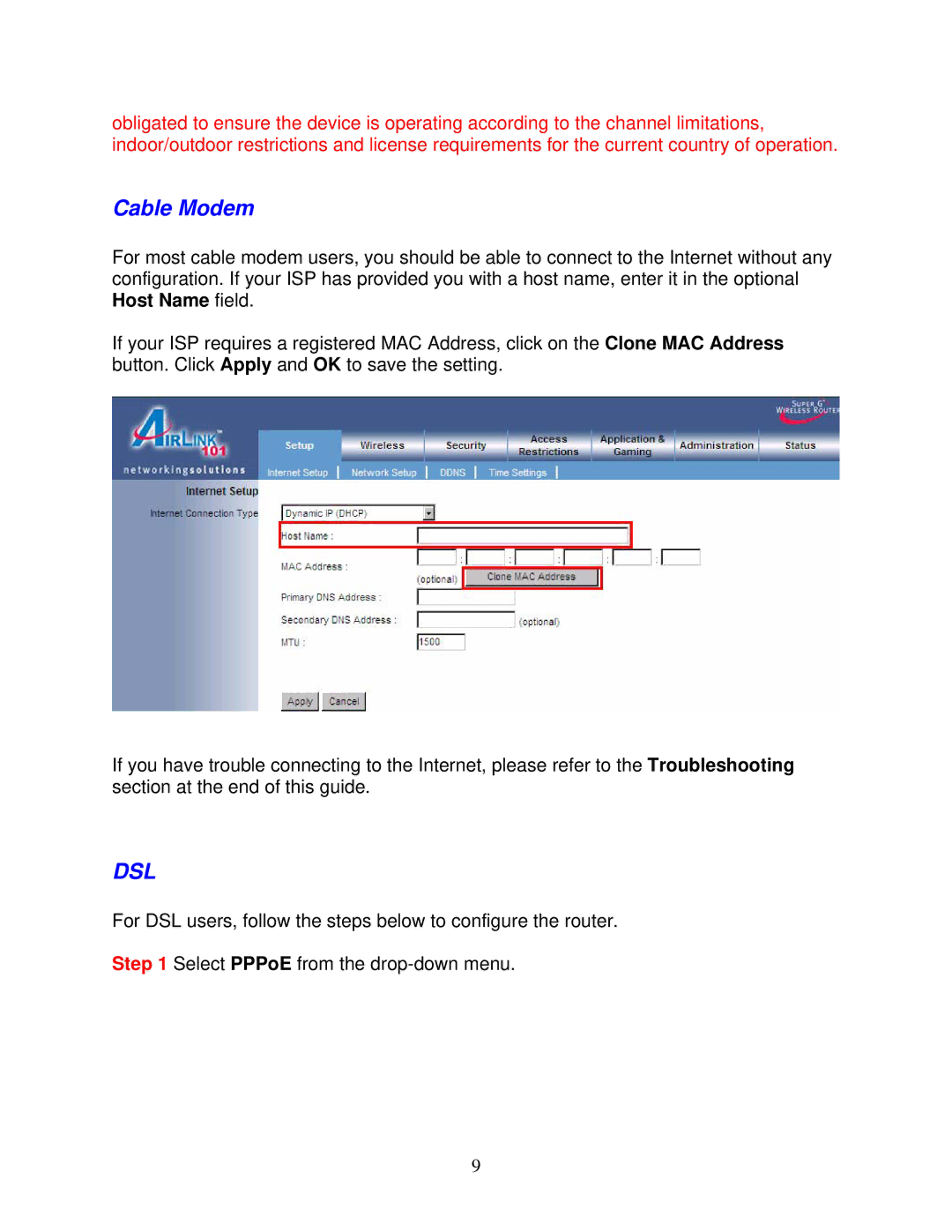 Airlink101 AR430W user manual Dsl 