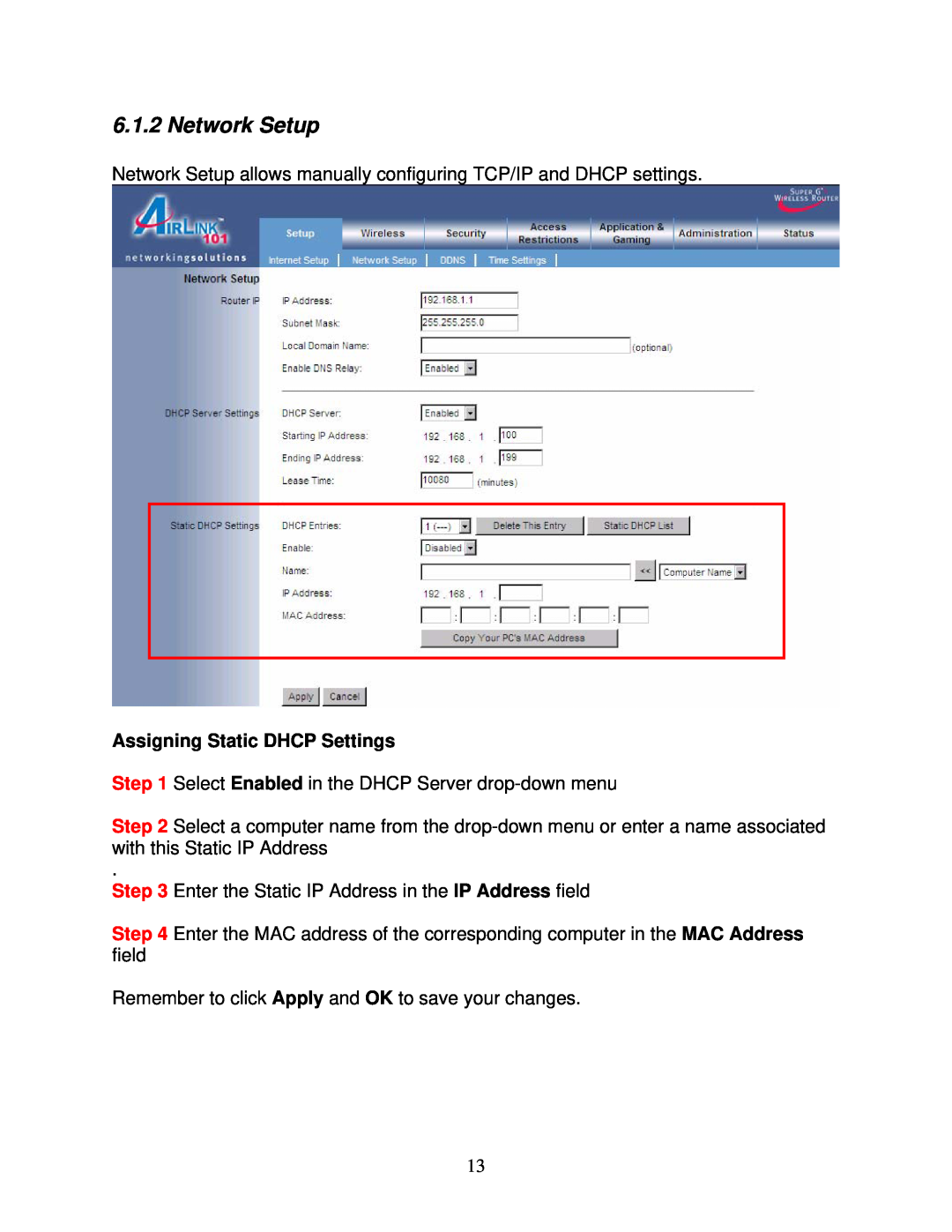 Airlink101 AR430W user manual Network Setup, Assigning Static DHCP Settings 