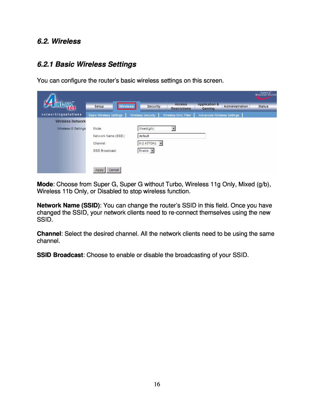 Airlink101 AR430W user manual Wireless 6.2.1 Basic Wireless Settings 