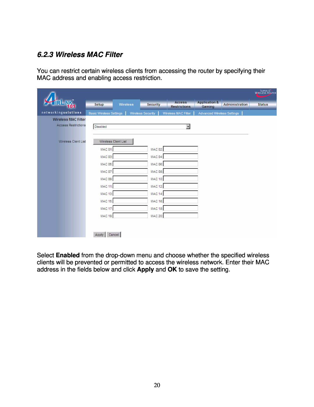 Airlink101 AR430W user manual Wireless MAC Filter 