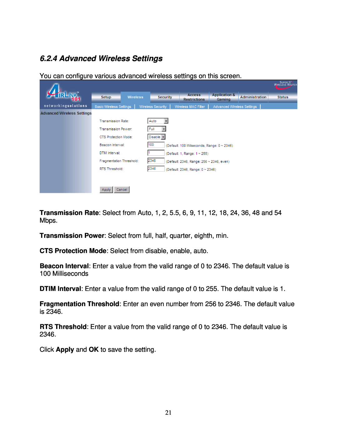 Airlink101 AR430W user manual Advanced Wireless Settings 