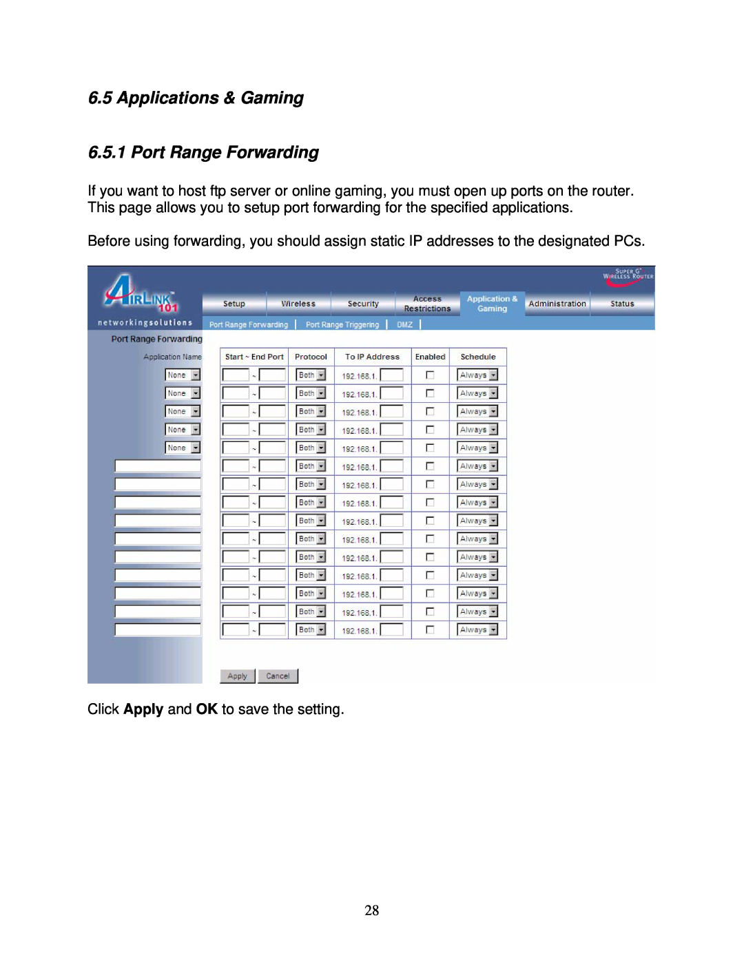 Airlink101 AR430W user manual Applications & Gaming 6.5.1 Port Range Forwarding 