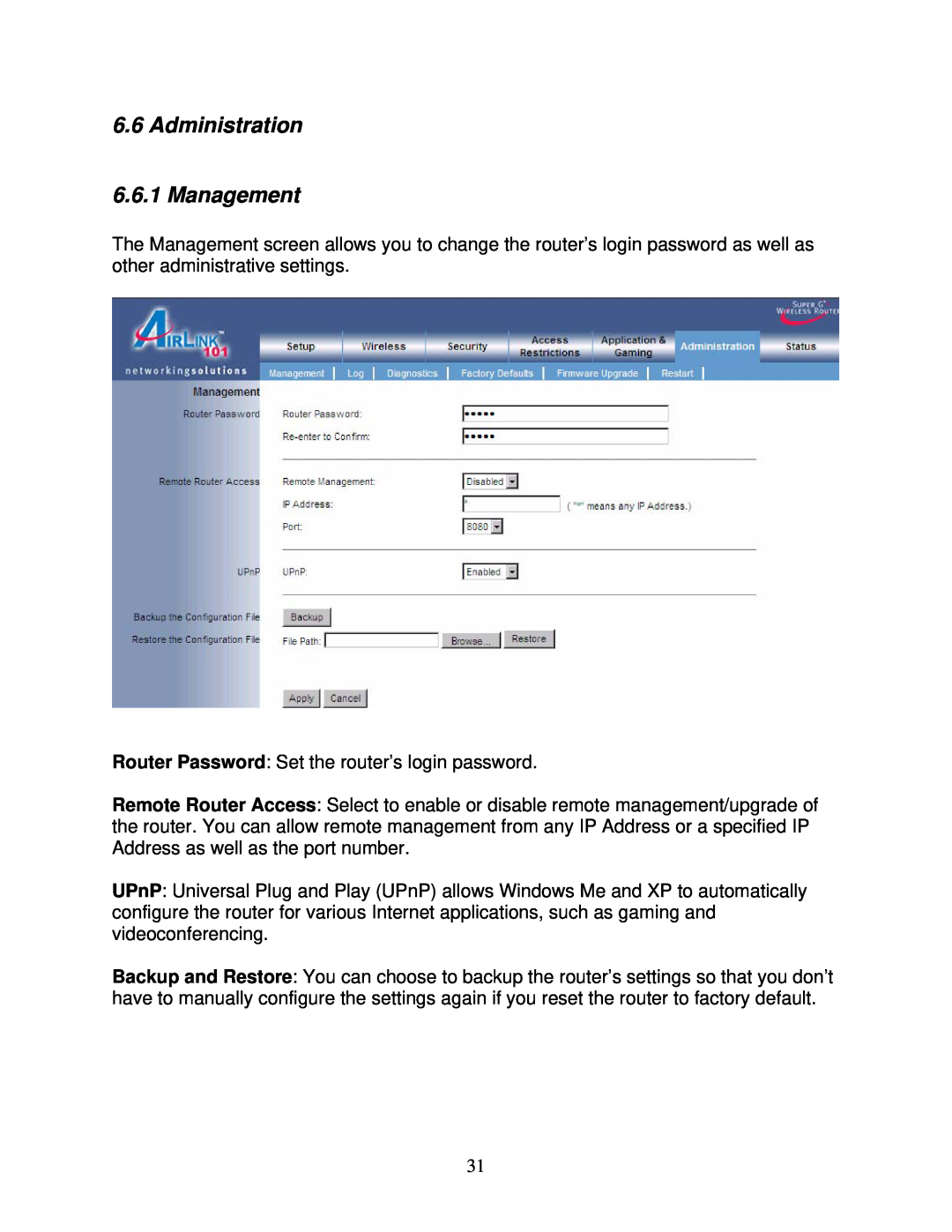 Airlink101 AR430W user manual Administration 6.6.1 Management 