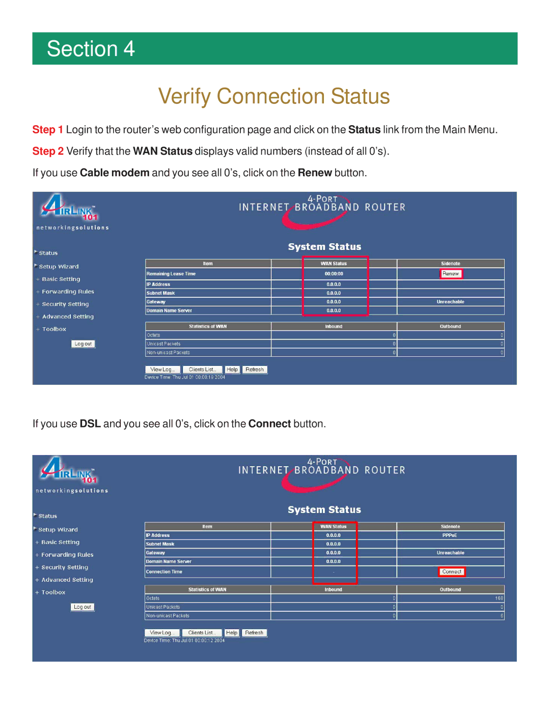 Airlink101 AR504 manual Verify Connection Status 