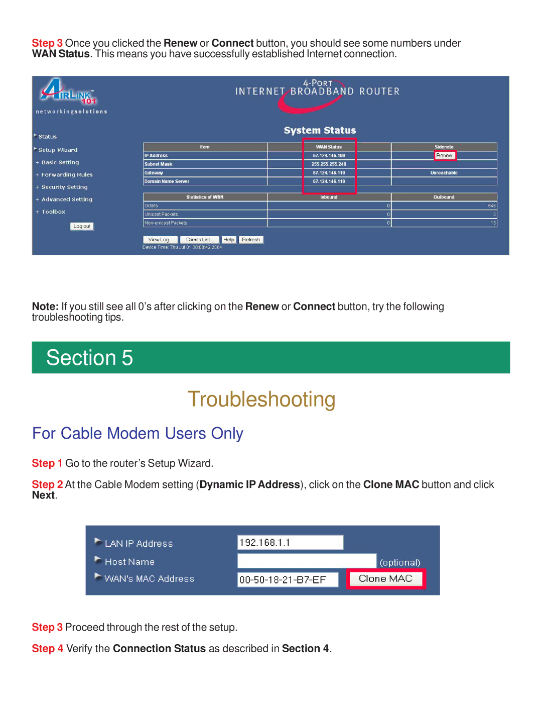 Airlink101 AR504 manual Troubleshooting, For Cable Modem Users Only 