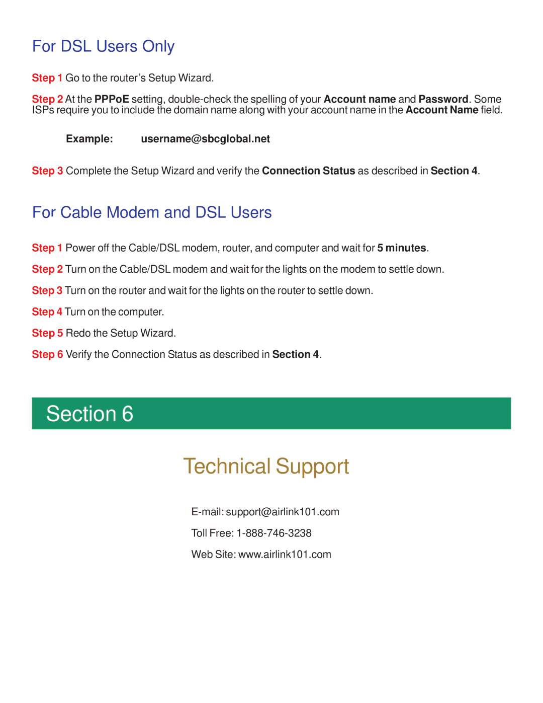 Airlink101 AR504 manual Technical Support, For DSL Users Only 