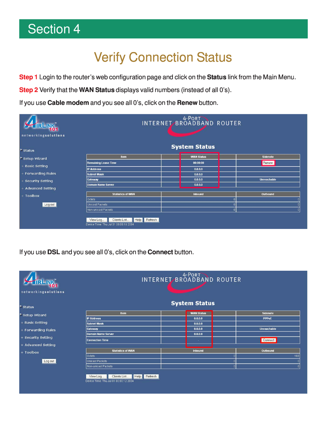 Airlink101 AR504 Verify Connection Status, Section, If you use Cable modem and you see all 0’s, click on the Renew button 