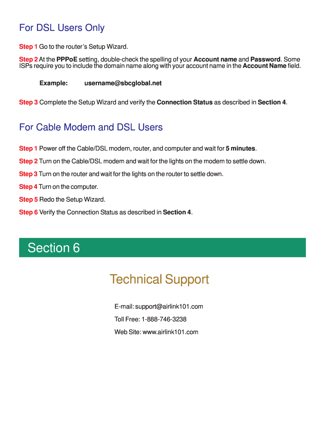 Airlink101 AR504 manual Technical Support, For DSL Users Only, For Cable Modem and DSL Users, Section 