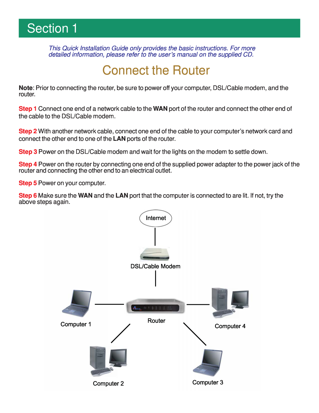 Airlink101 AR504 manual Section, Connect the Router 