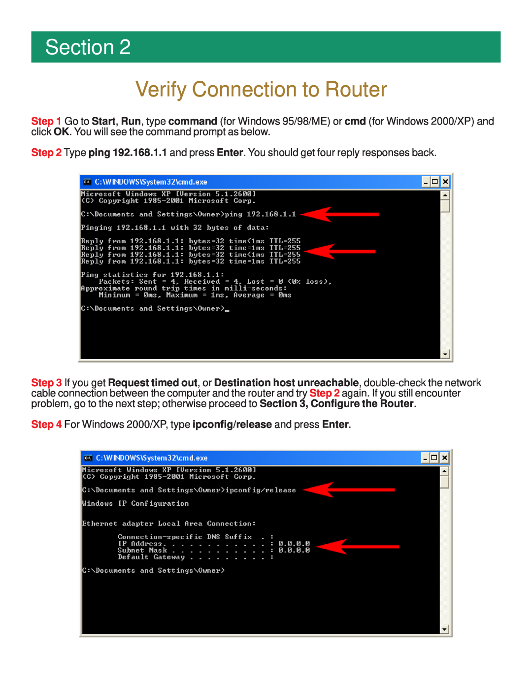 Airlink101 AR504 manual Verify Connection to Router, Section 