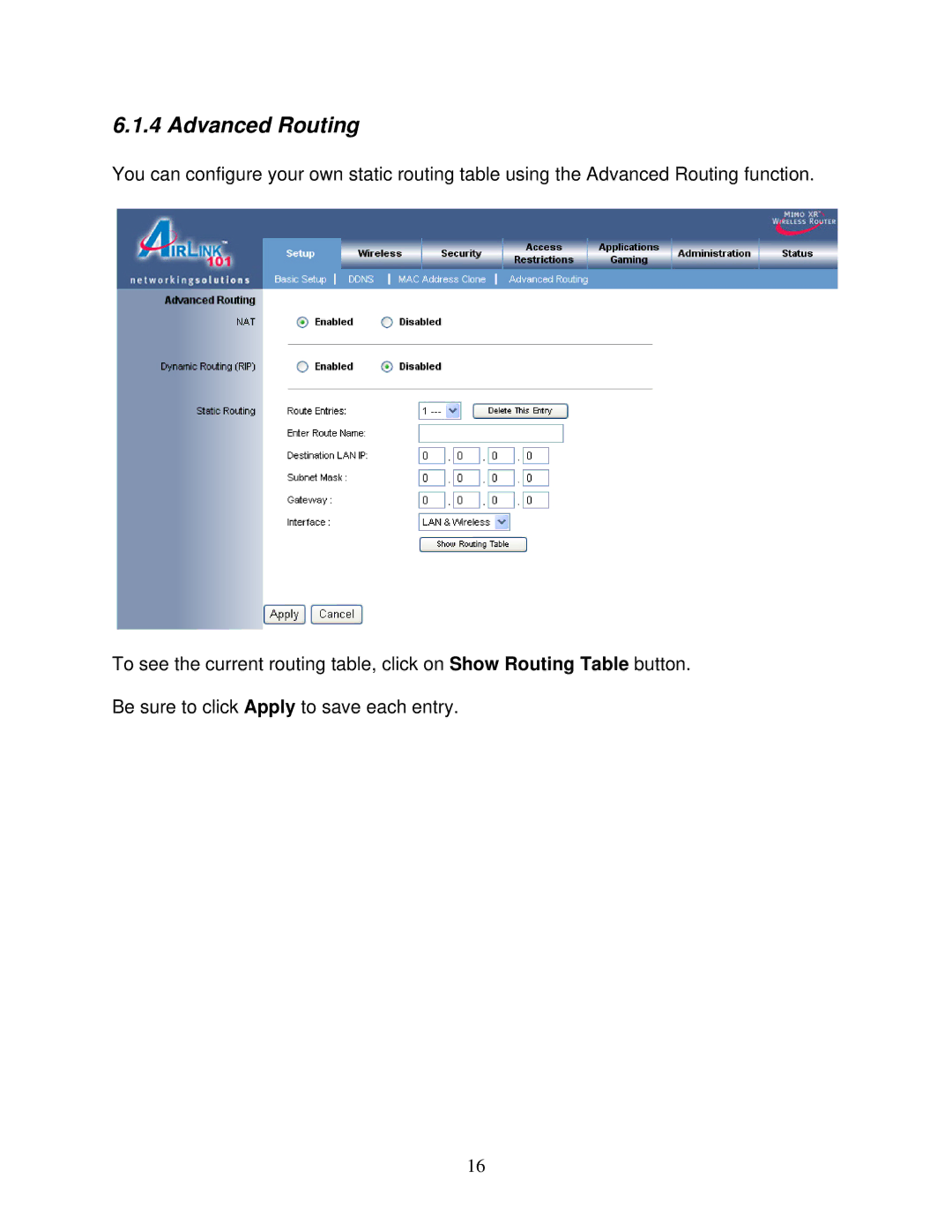 Airlink101 AR525W user manual Advanced Routing 