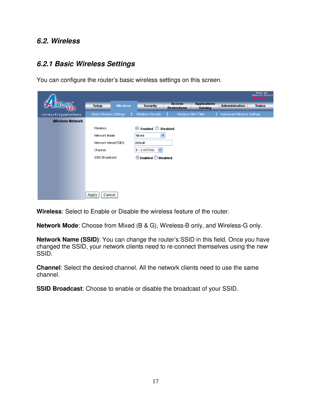 Airlink101 AR525W user manual Wireless Basic Wireless Settings 