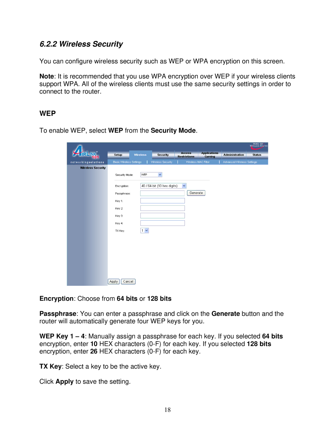 Airlink101 AR525W user manual Wireless Security, Wep 