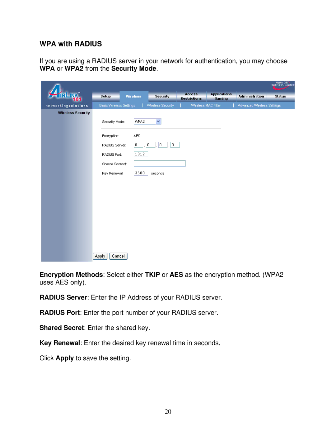 Airlink101 AR525W user manual WPA with Radius 