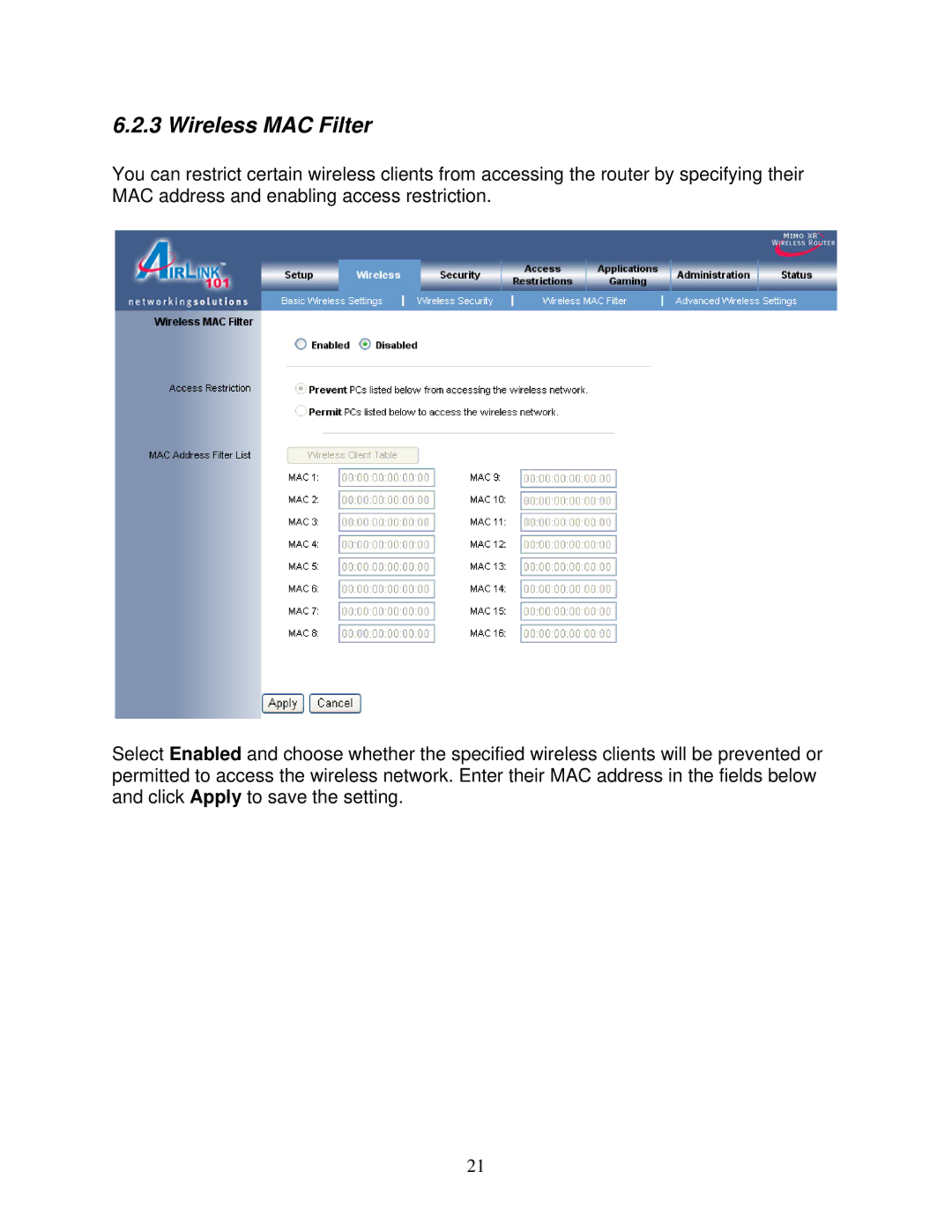 Airlink101 AR525W user manual Wireless MAC Filter 