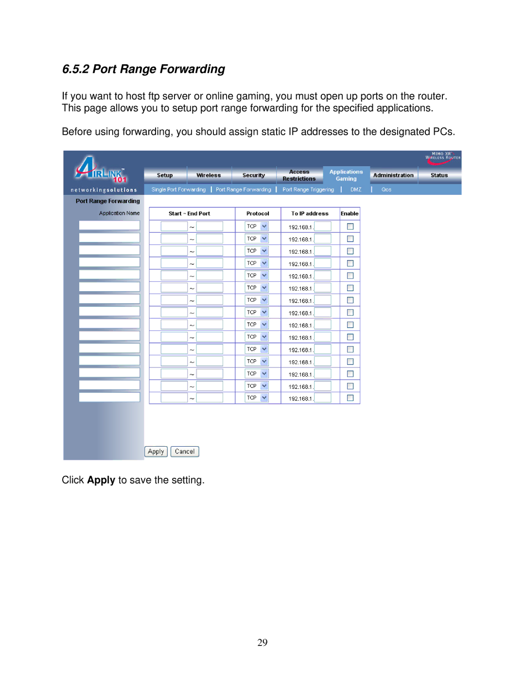 Airlink101 AR525W user manual Port Range Forwarding 