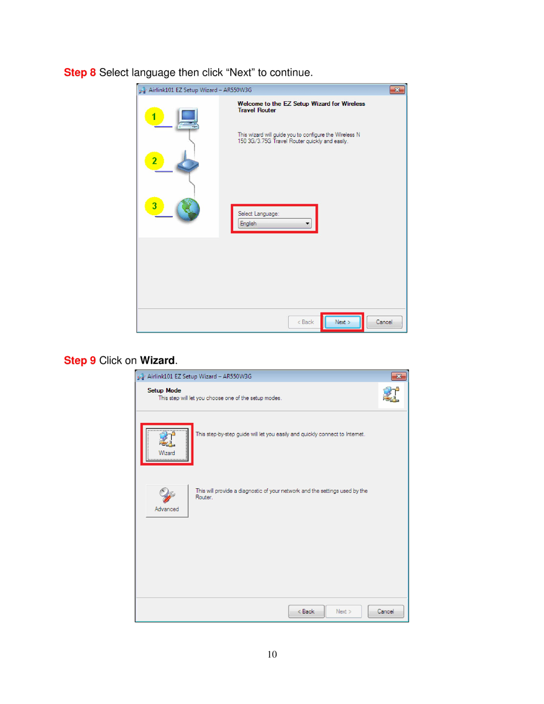 Airlink101 AR550W3G user manual Select language then click Next to continue Click on Wizard 