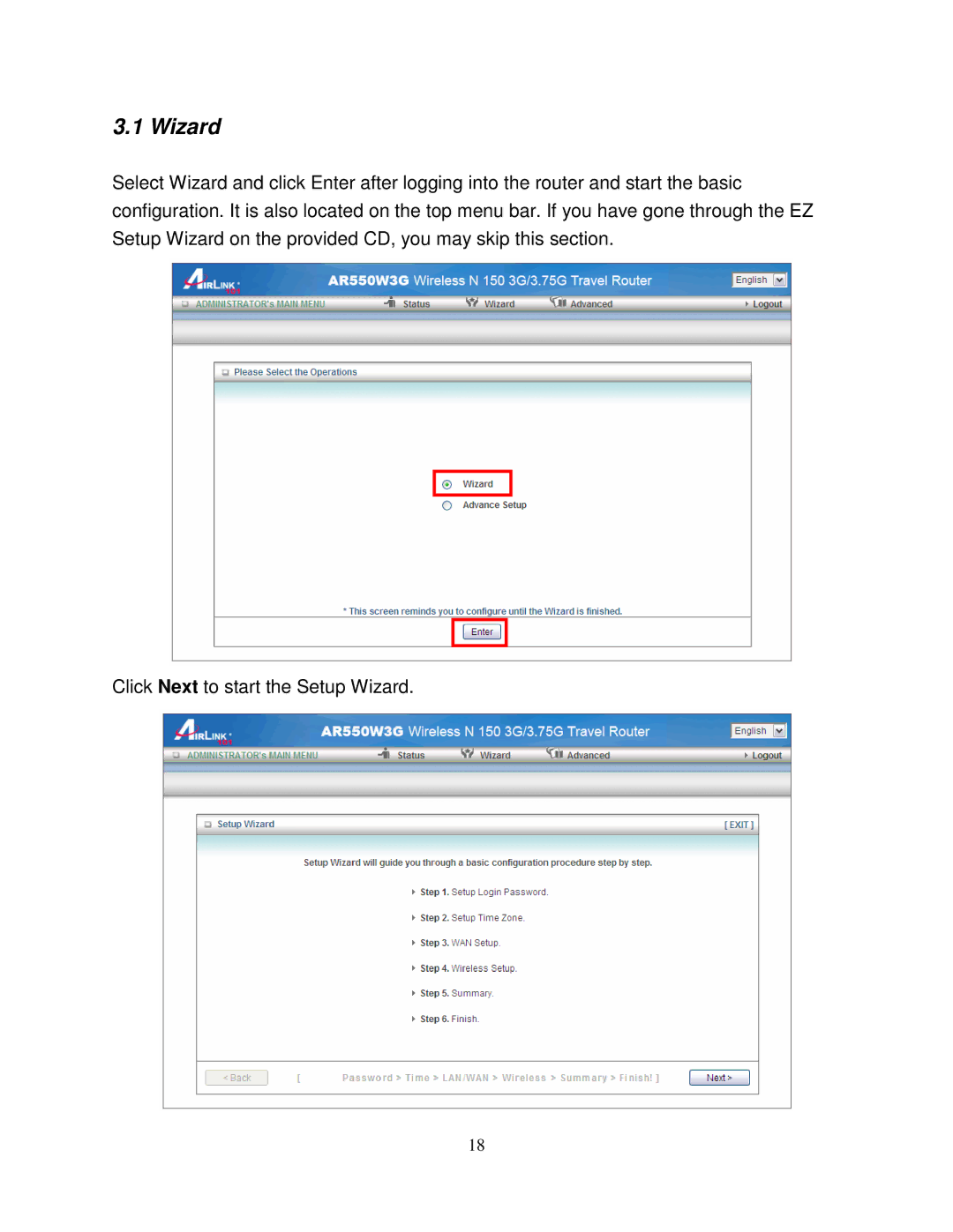 Airlink101 AR550W3G user manual Wizard 