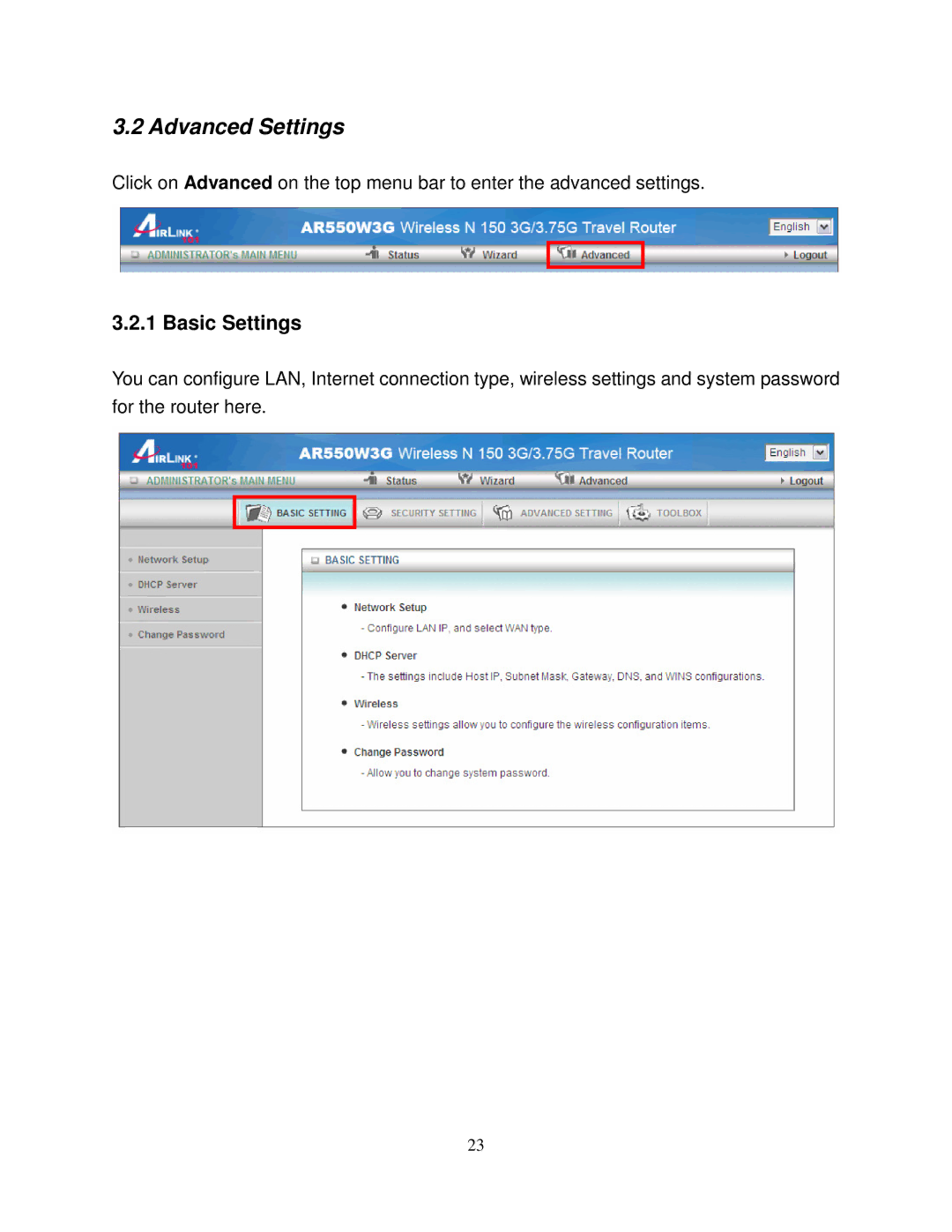 Airlink101 AR550W3G user manual Advanced Settings, Basic Settings 