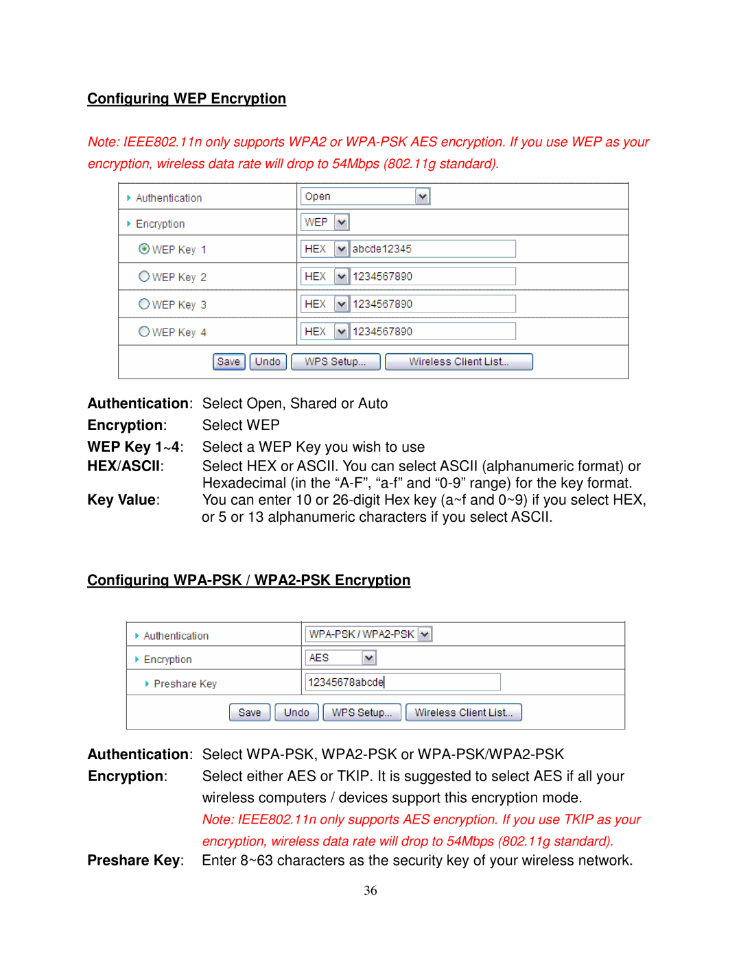 Airlink101 AR550W3G user manual Configuring WEP Encryption, Configuring WPA-PSK / WPA2-PSK Encryption 