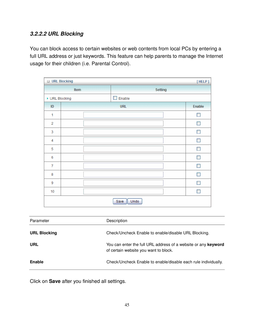 Airlink101 AR550W3G user manual URL Blocking 