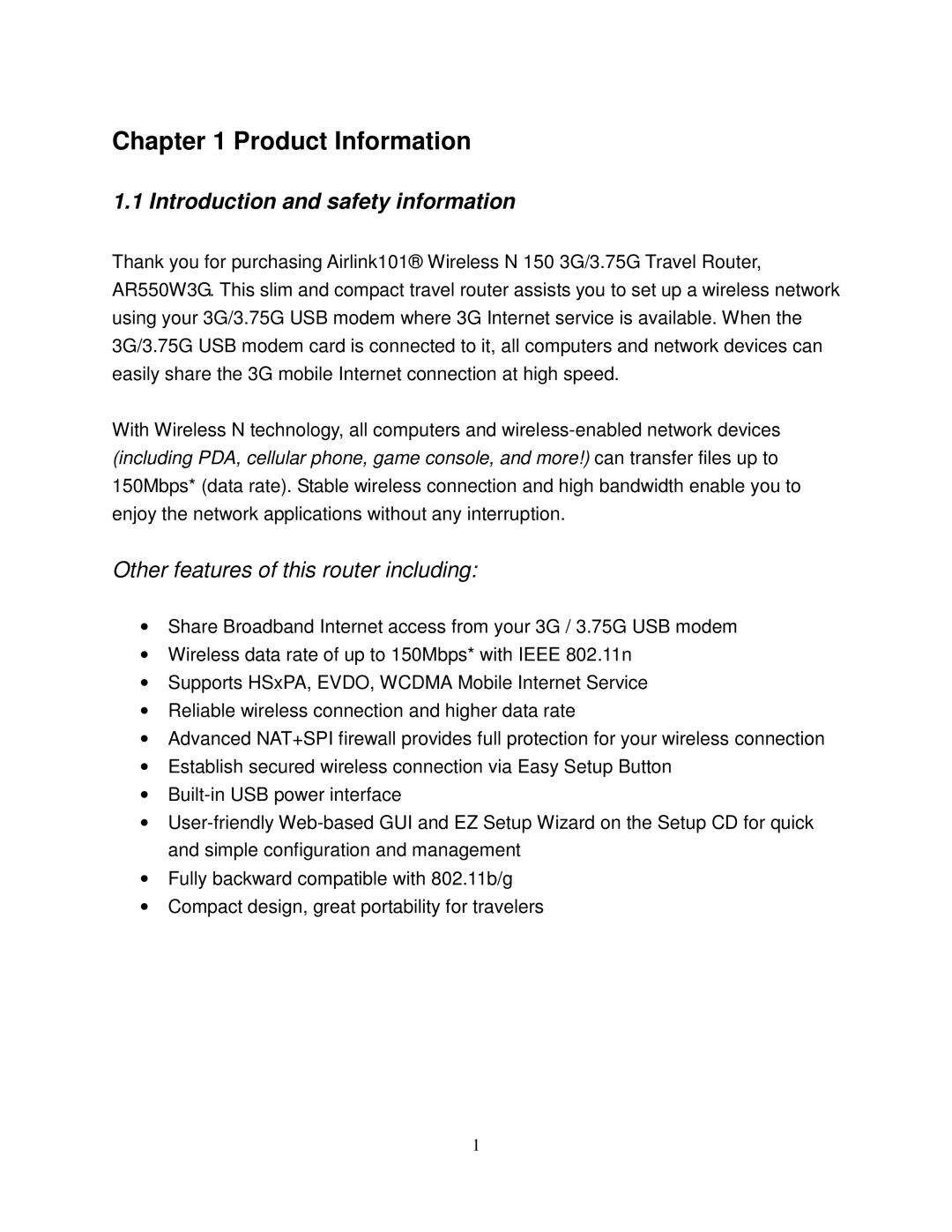 Airlink101 AR550W3G user manual Product Information, Introduction and safety information 