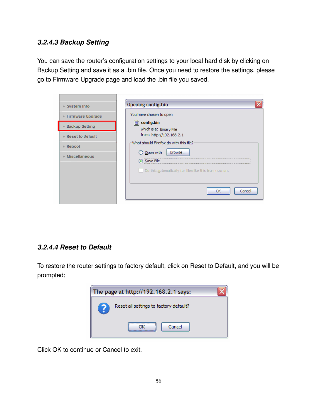 Airlink101 AR550W3G user manual Backup Setting, Reset to Default 