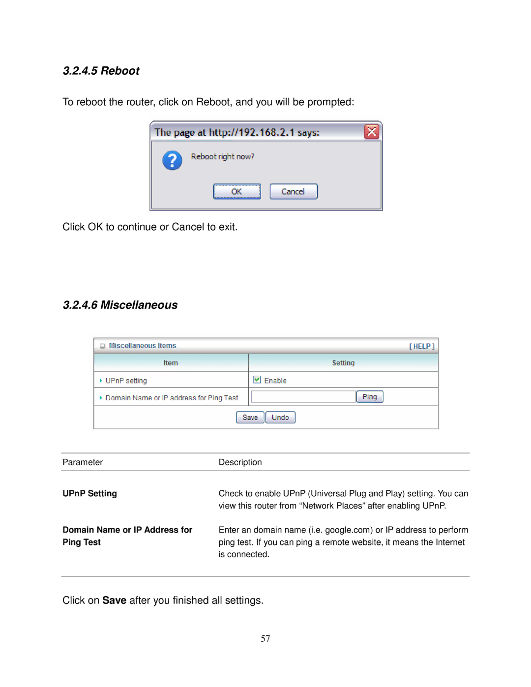 Airlink101 AR550W3G user manual Reboot, UPnP Setting Domain Name or IP Address for Ping Test 