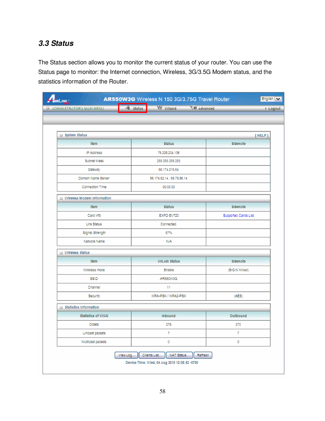 Airlink101 AR550W3G user manual Status 