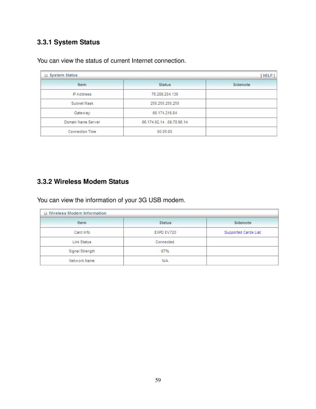 Airlink101 AR550W3G user manual System Status 