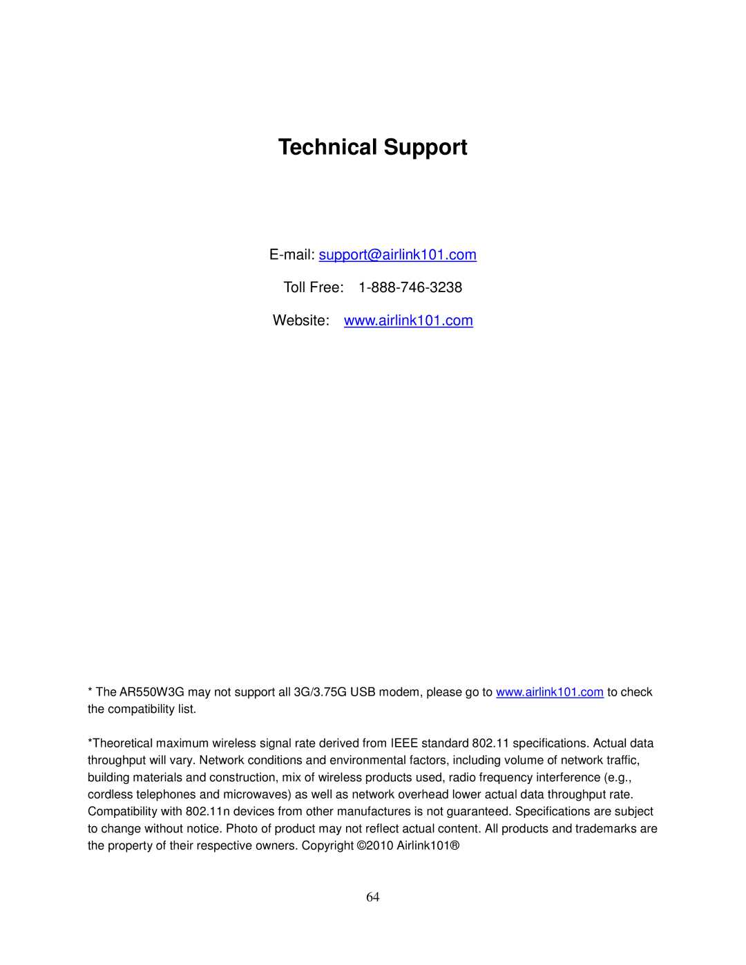 Airlink101 AR550W3G user manual Technical Support 