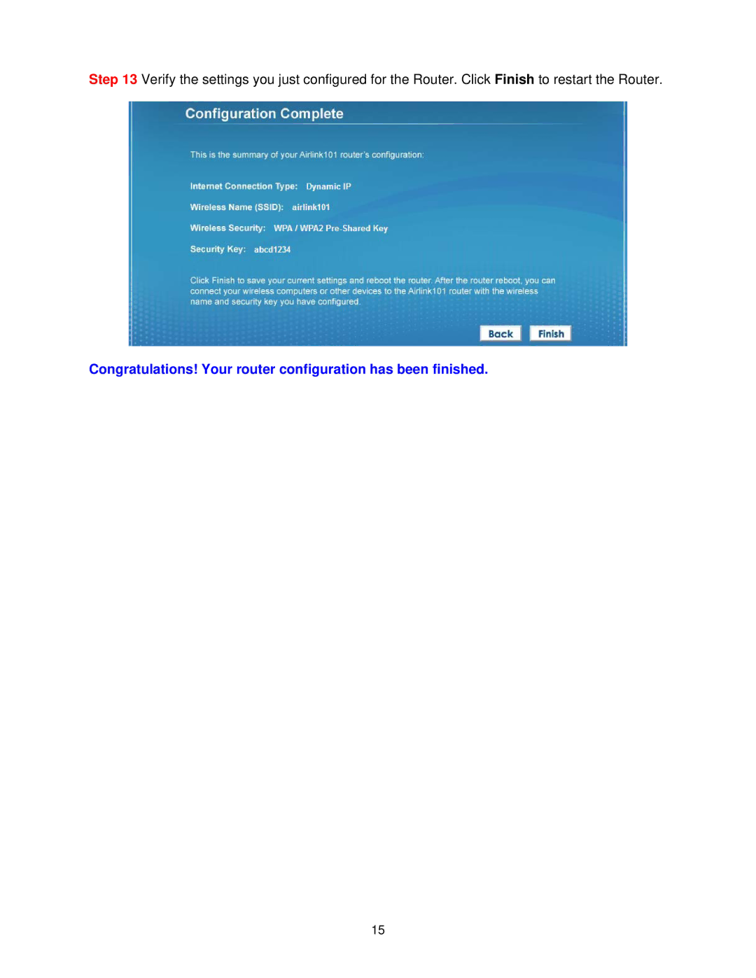 Airlink101 AR570W user manual Congratulations! Your router configuration has been finished 