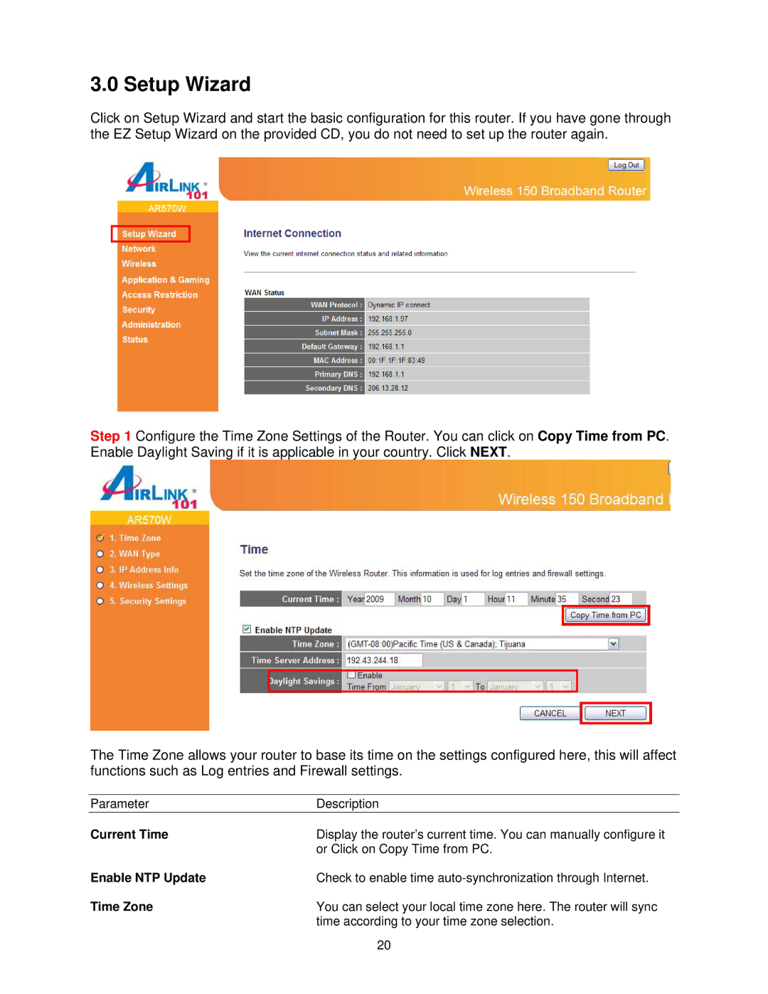 Airlink101 AR570W user manual Setup Wizard, Current Time, Enable NTP Update, Time Zone 