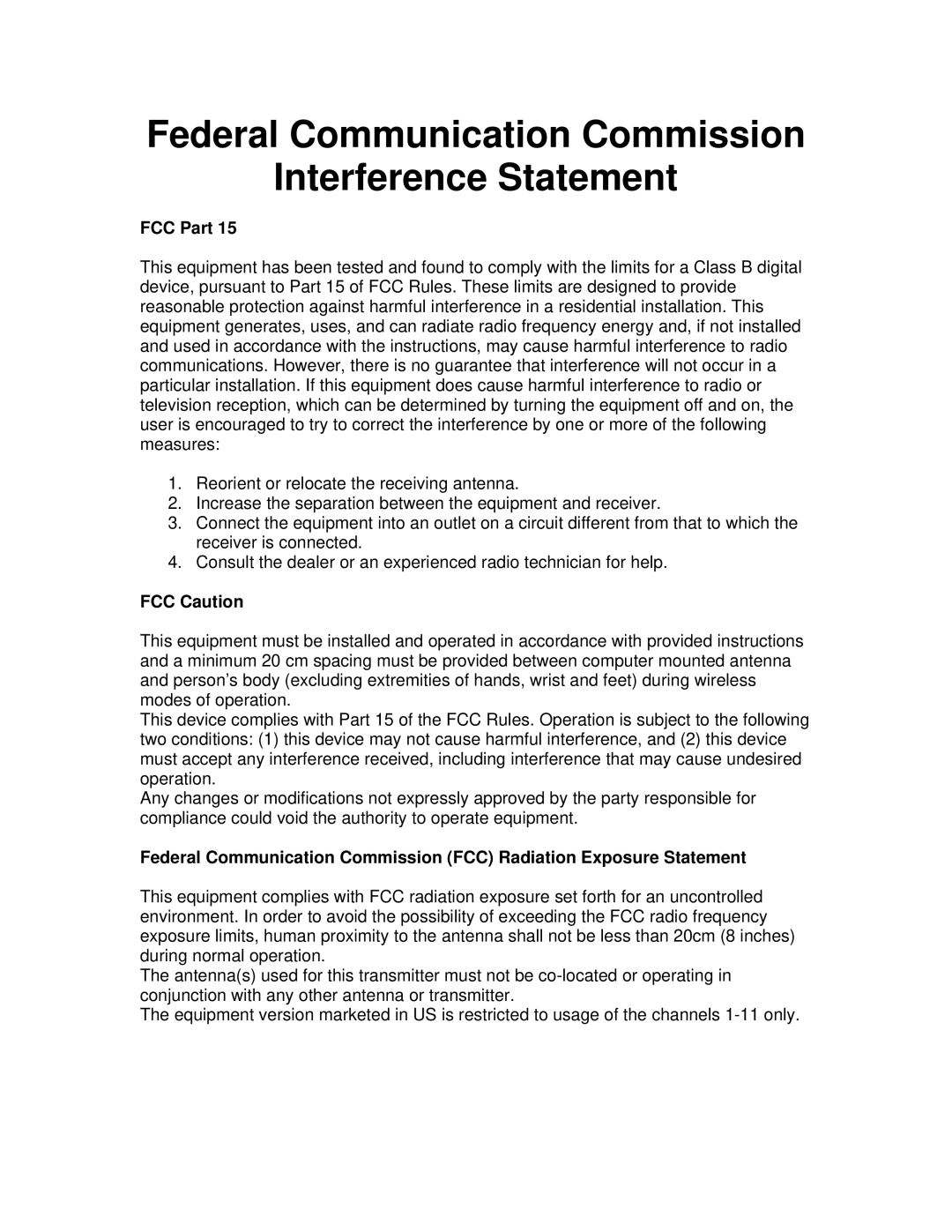 Airlink101 AR570W user manual Federal Communication Commission Interference Statement 