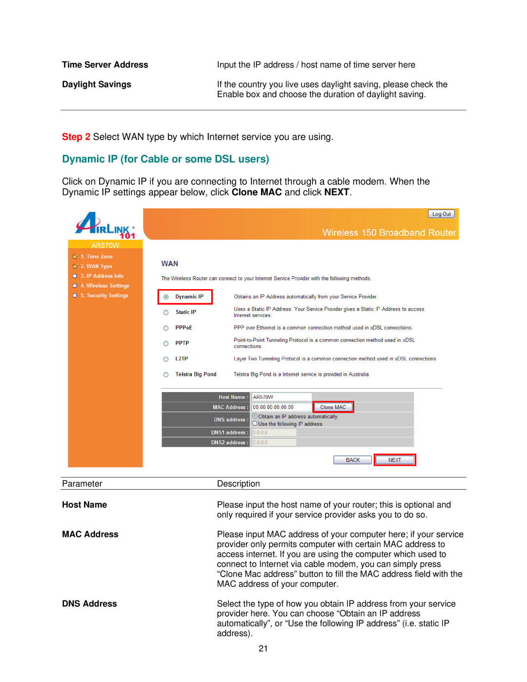 Airlink101 AR570W user manual Time Server Address, Daylight Savings, Host Name, MAC Address, DNS Address 