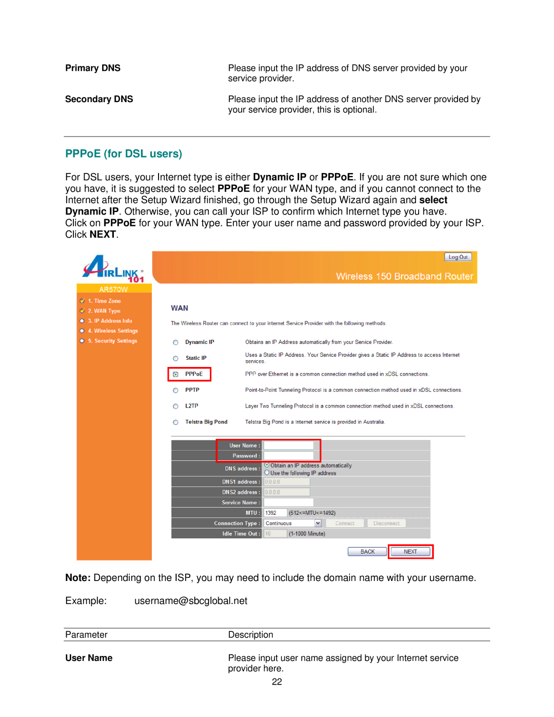 Airlink101 AR570W user manual Primary DNS, Secondary DNS, User Name 