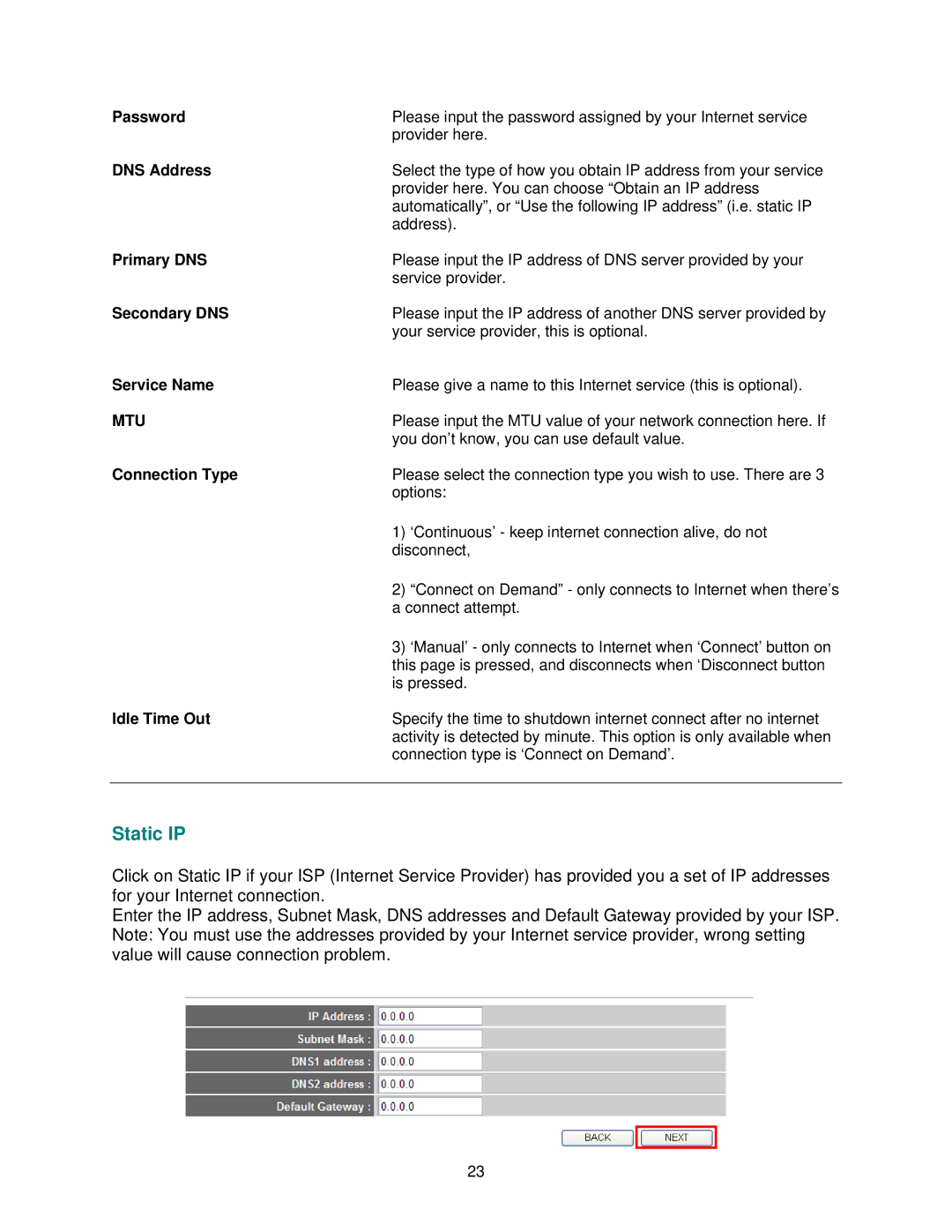 Airlink101 AR570W user manual Password, Service Name, Connection Type, Idle Time Out 